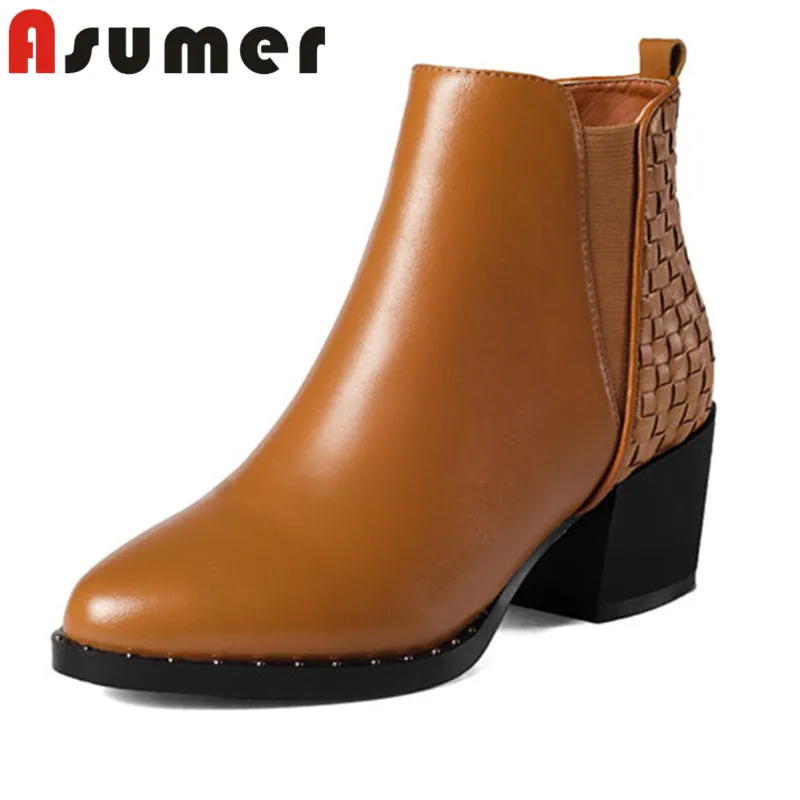 

ASUMER 2018 NEW Prepare the skin genuine leather boots solid elastic band winter boots shallow thick heels ankle boots for women