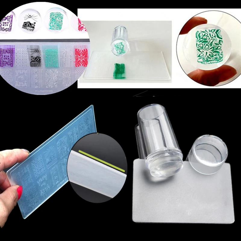

Set Nail Art Cap Scraper Polish Image Print Plate Template Plastic Transfer With Stamper Stamping Silicone Manicure Tools Kit