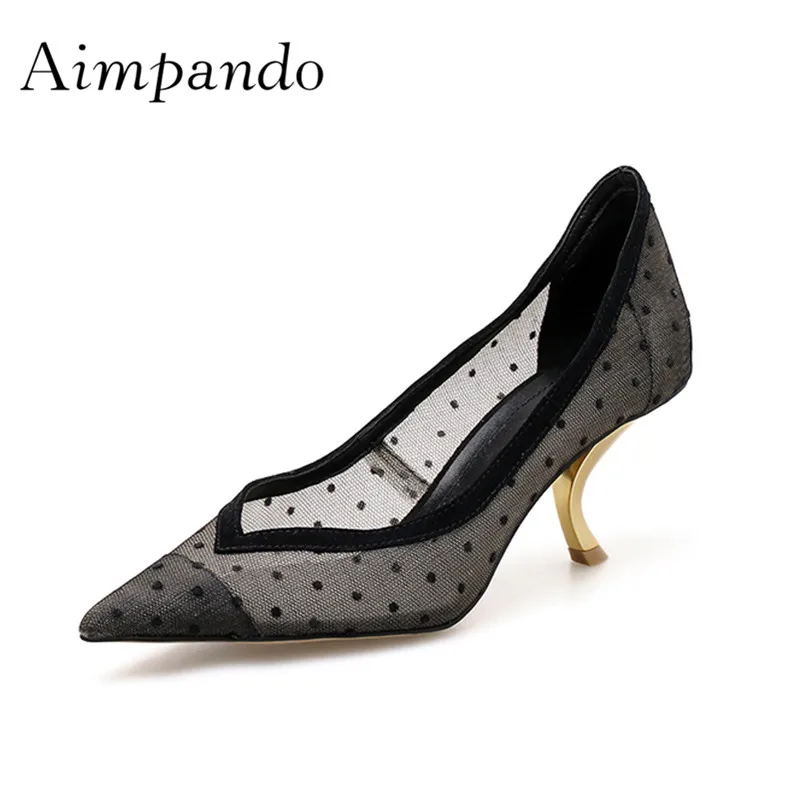 

2019 Air Mesh Sexy Strange High Heel Shoes Woman Pointed Toe Transparent Pumps Women Fashion Party Shoes