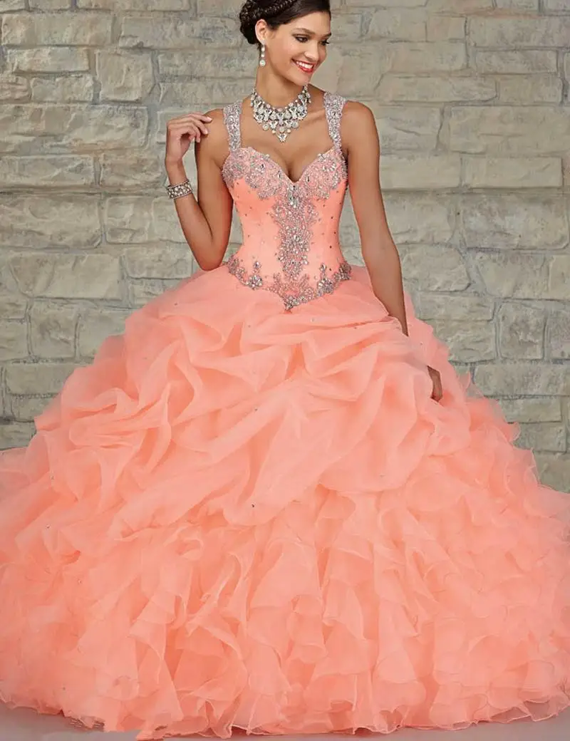 hot sale L77 Peach Color Quinceanera Dress Ball Gown Ruffles Organza ...