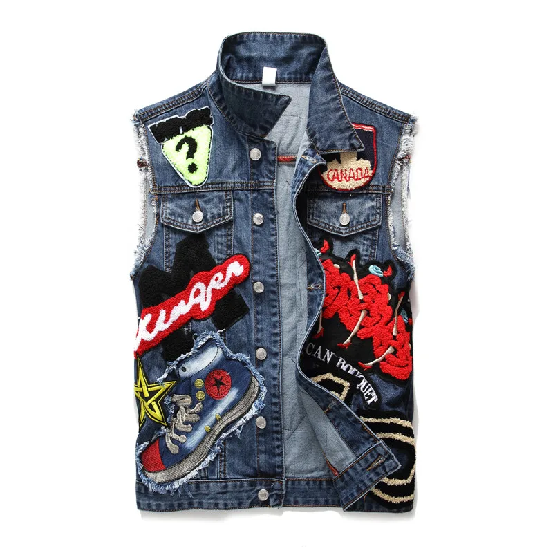 Punk Style Denim Vest Men Cotton Sleeveless Jackets Blue Casual Vests