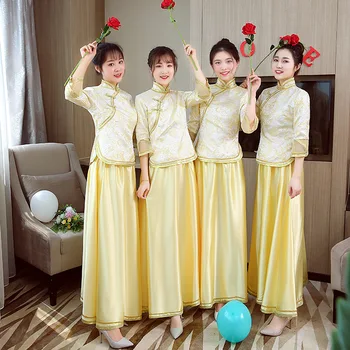 

Chinese Bridesmaid Erect Sisters Dress Pink Wedding Qipao Cheongsam Cotton Vintage Oriental Dresses Long Evening Gowns Women