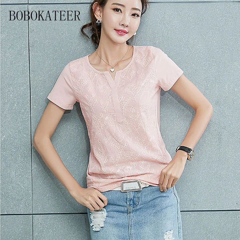BOBOKATEER embroidery blouse white shirt women tops blusas mujer de moda 2018 loose plus size women blouses short sleeve shirts