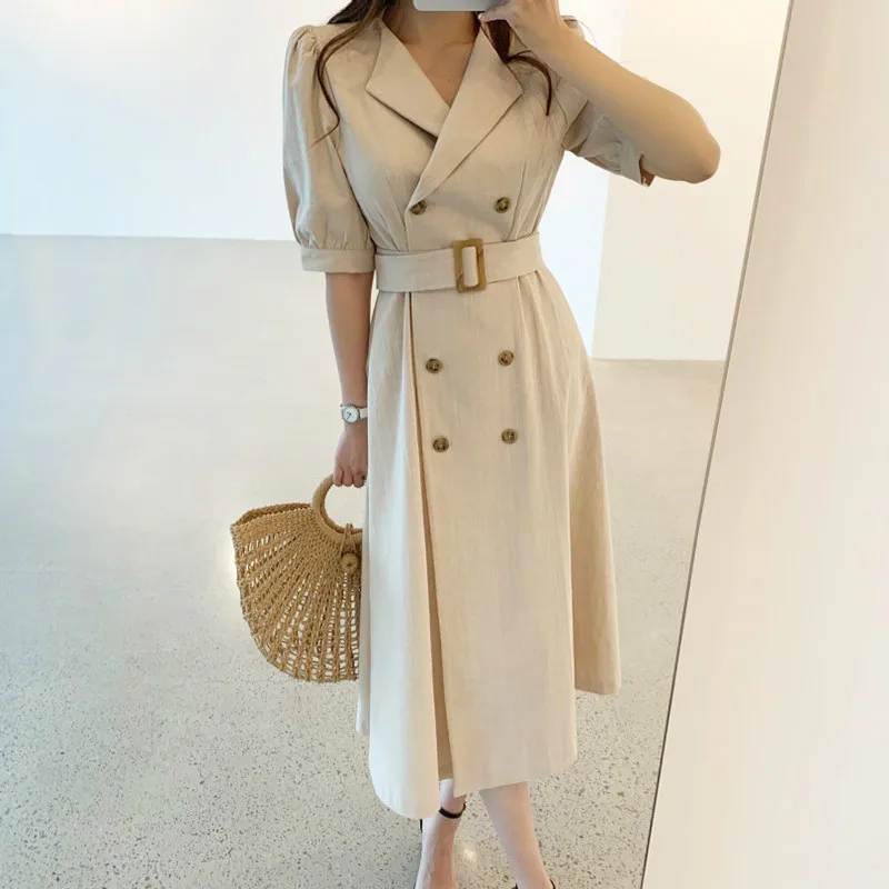 

TVVOVVIN New Summer Vintage Style Women Half Puff Sleeve Mid-calf With Sashes Notched Empire Waist Solid A-line Dress C222