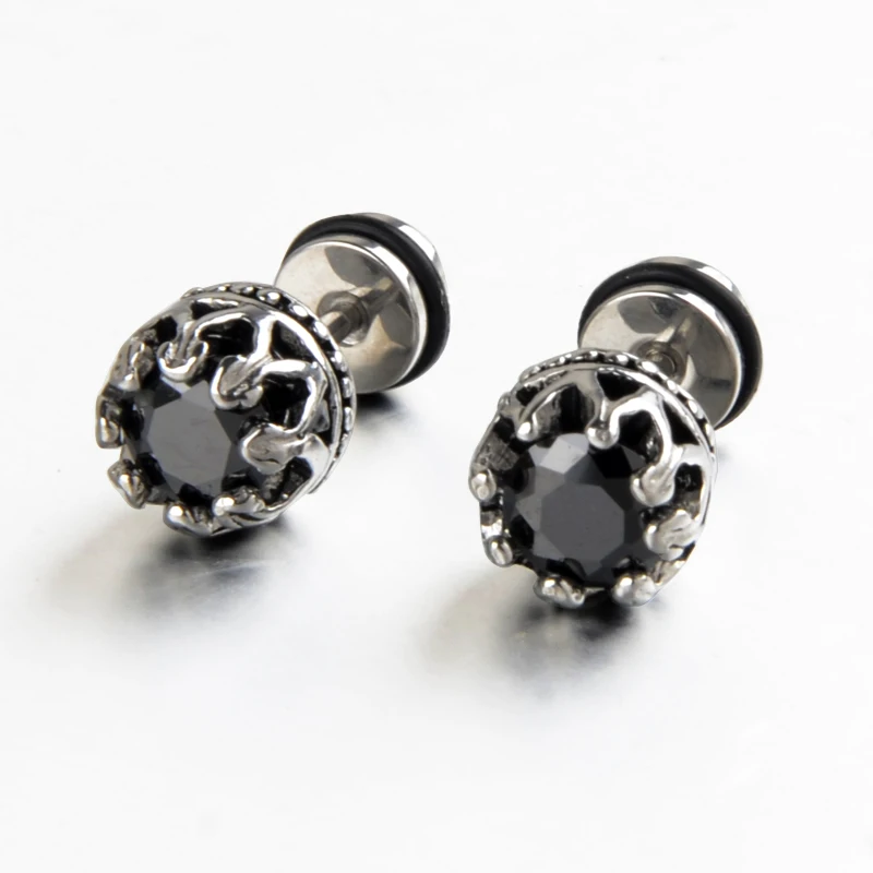 

0.8cm Vintage Clear Black Zircon Stone Stainless Steel Silver Color Stud Earrings For Men Women