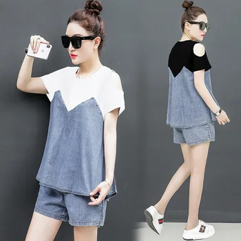 

2019 Summer New Shorts Suit Set Women Temperament Slim Sporting Sets Female Denim Tops And Denim Shorts Suit Set Women Tracksuit