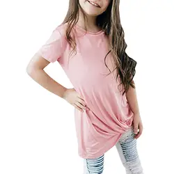 Однотонная футболка с короткими рукавами для маленьких девочек топы с узлом спереди, рубашки, одежда