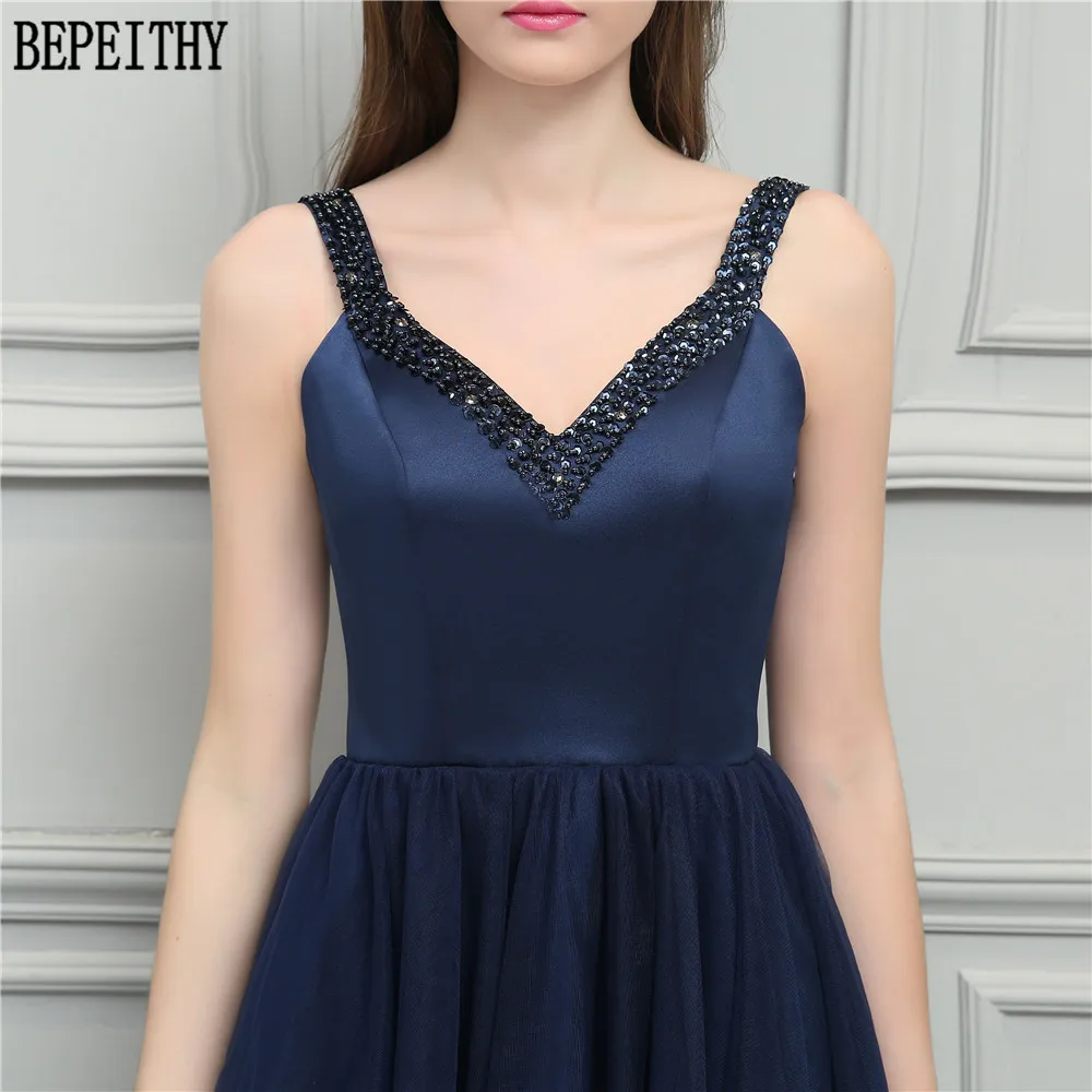 BEPEITHY 2019 Новый дизайн vestido de festa Longo темно-синие Бусины v-образный вырез А-силуэт Короткие Выпускные платья подружки невесты