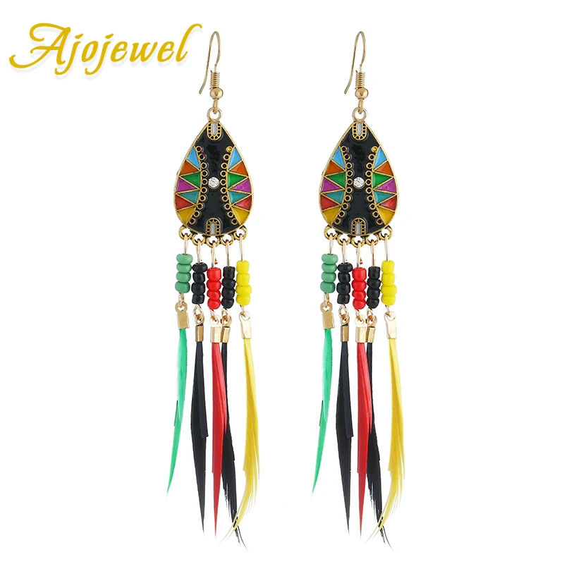 

Ajojewel Handmade Rice Beads Ostrich Feather Earrings Long Tassel Ethnic Jewelry Women Accessories Boucles d'oreilles