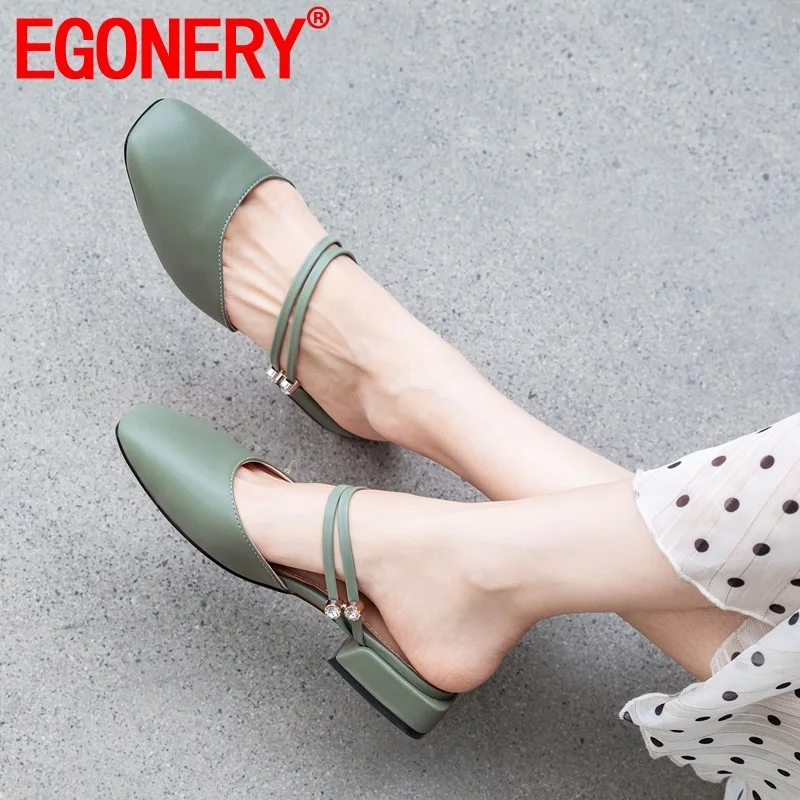 

EGONERY woman shoes 2019 summer new concise casual square toe woman slippers outside mid heels crystal plus size ladies shoes