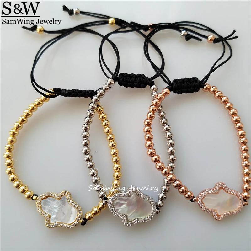 

10pcs 4mm Beads MOP Shell Hand Hamsa Bracelet, Palm charm Hand Of Fatima Bracelet Jewelry For Men and Women