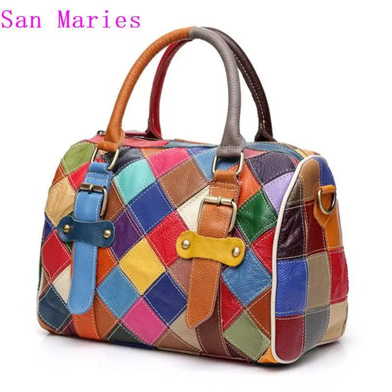 

New-style first-coat cowhide European and American handbag color stitching leather bag with one shoulder and diagonal straddle