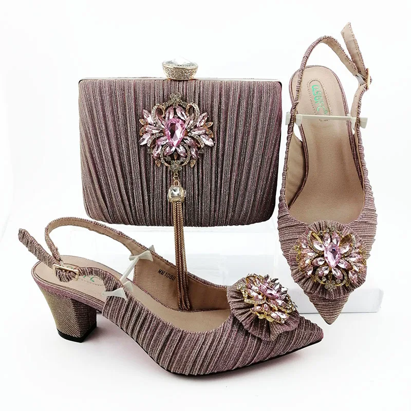 

2019 New Arrival Italian Shoes with Matching Purse for Women Nigerian Wedding Sandals and Clutch Set Decorated with Rhinestone