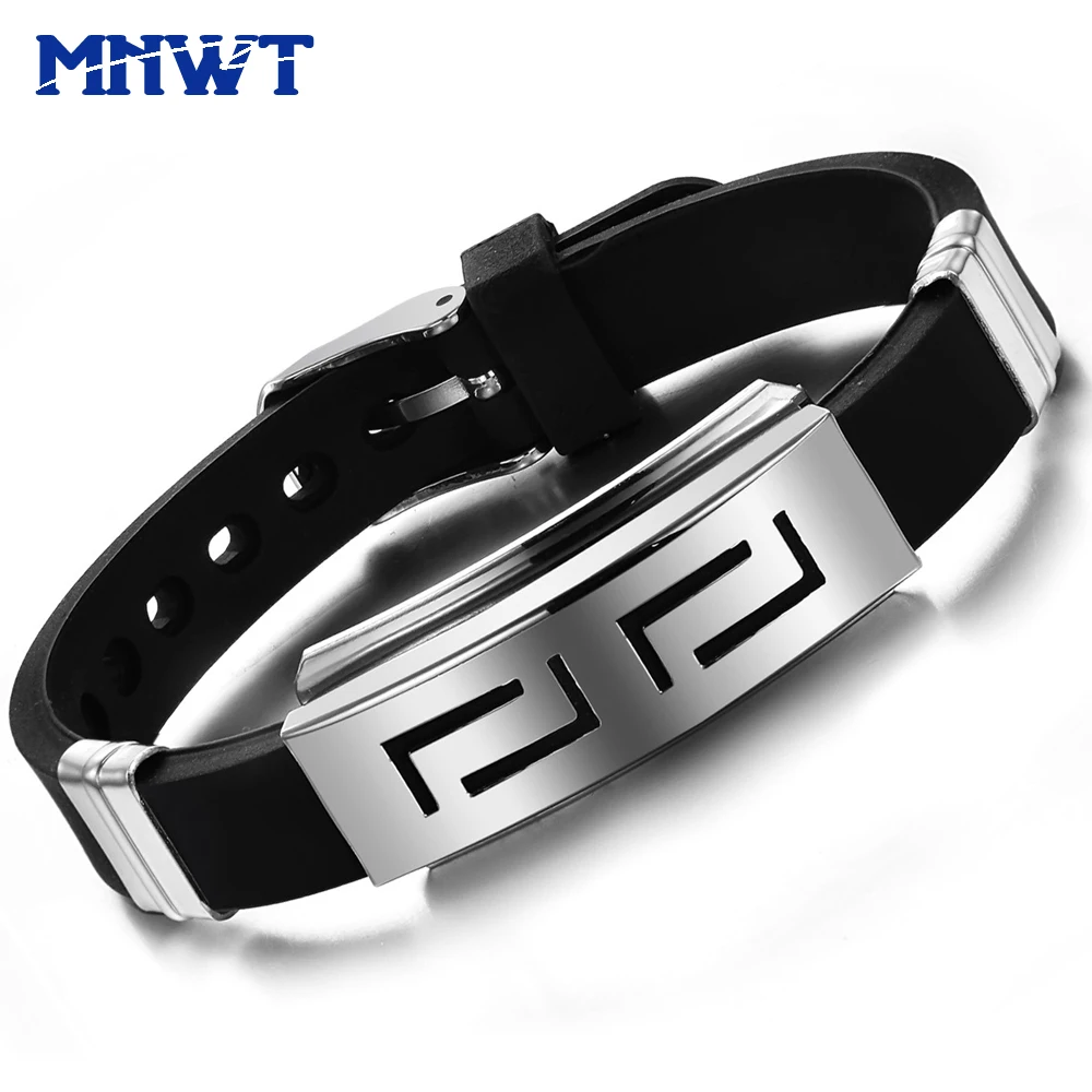 

MNWT 2018 Fashion Jewelry Bangles Men Silicone Stainless Steel Bracelet Black Bangle Man WristBand Punk Style Pulseras Hombre