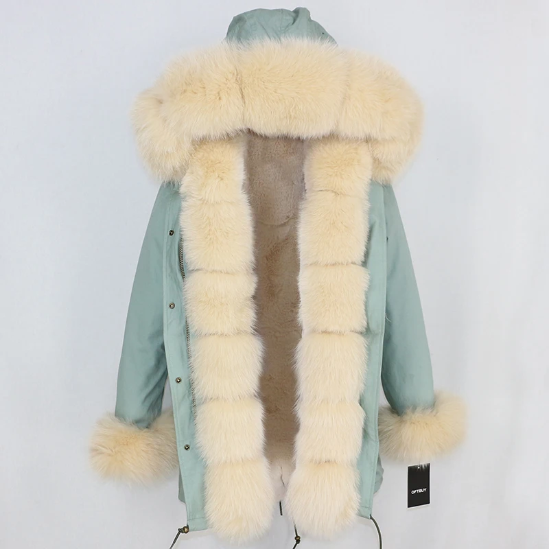 OFTBUY, зимняя куртка, Женское пальто с натуральным мехом, брендовая Роскошная длинная парка, большой натуральный Лисий мех, уличная одежда, толстая теплая, 3 в 1 размера плюс - Цвет: light green beige