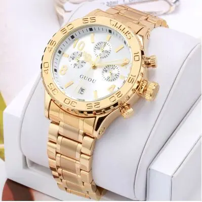GUOU Fashion Brand Calendar Gold Luxury Top Quality Watch Waterproof Man Ladies Gift Quartz Sports watch