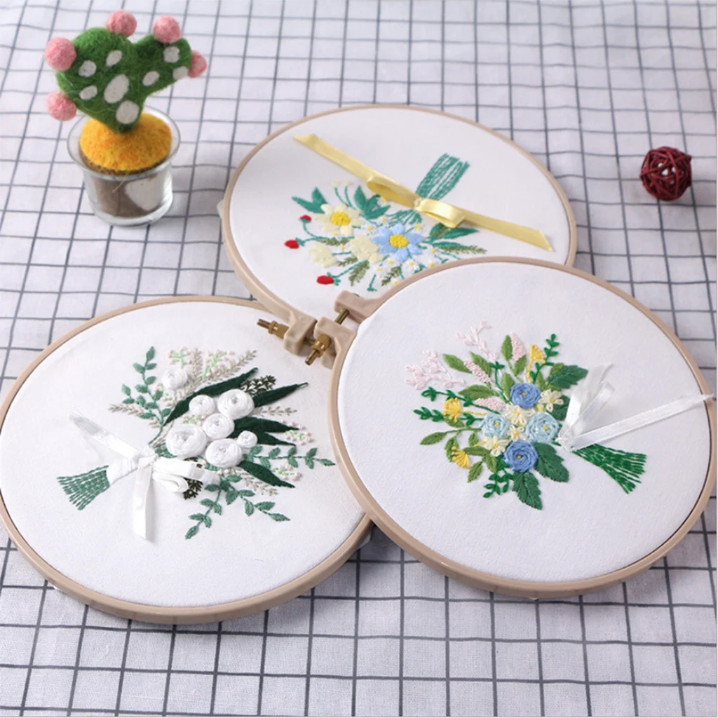 DIY Ribbon Flowers Embroidery Set with Frame Needlework Kits Cross Stitch 