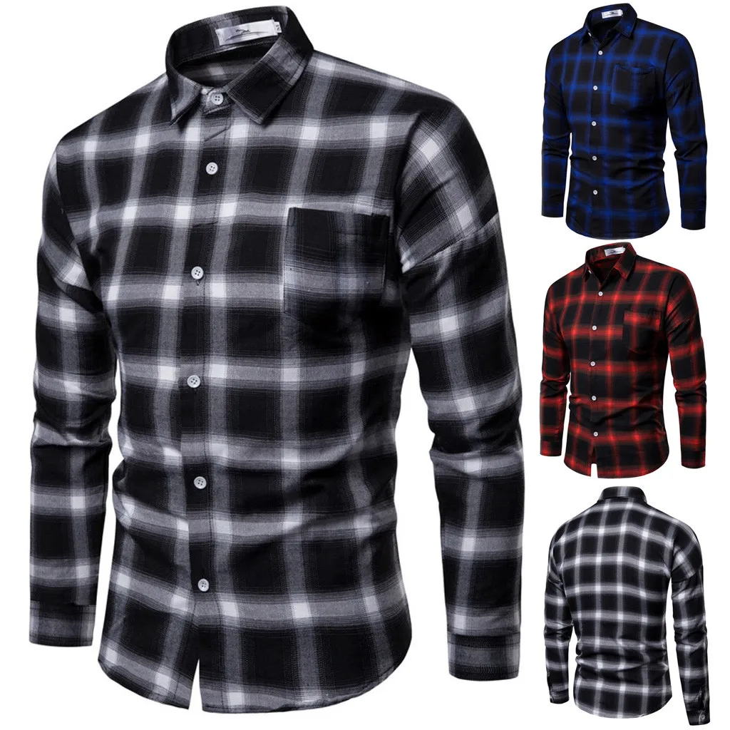 

2019 High Quality Men's Fashion Business Leisure Plaid Printing Long-sleeved Shirt Tops Blouse Support Wholesale Dropship