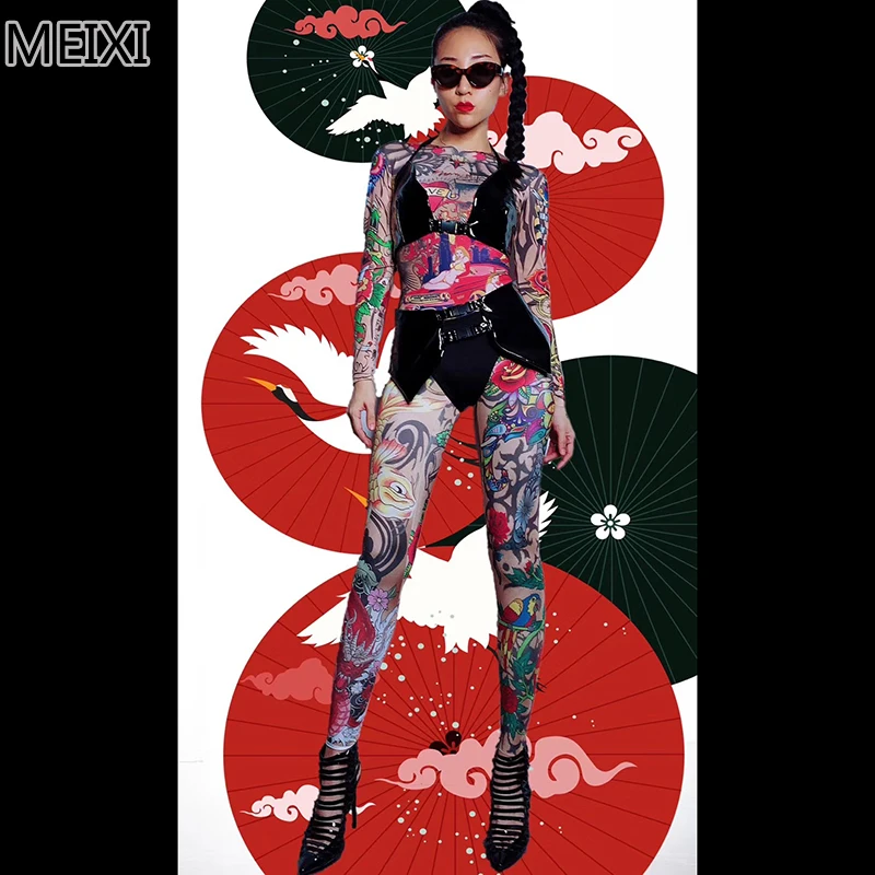 

Unique handsome personality black leather tattoo jumpsuit bar nightclub birthday party concert singer dancers costumes