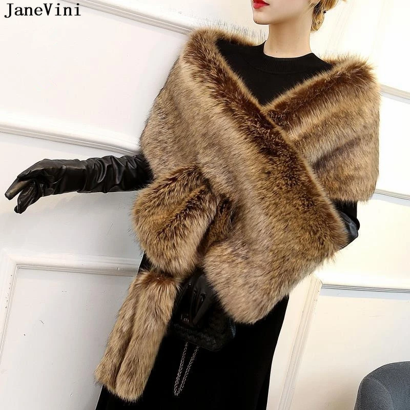 

JaneVini High Quality Brown Bridal Faux Fur Shawls and Wraps Warm Cape Women Winter Wedding Party Jackets Cloak Bolero Meisje