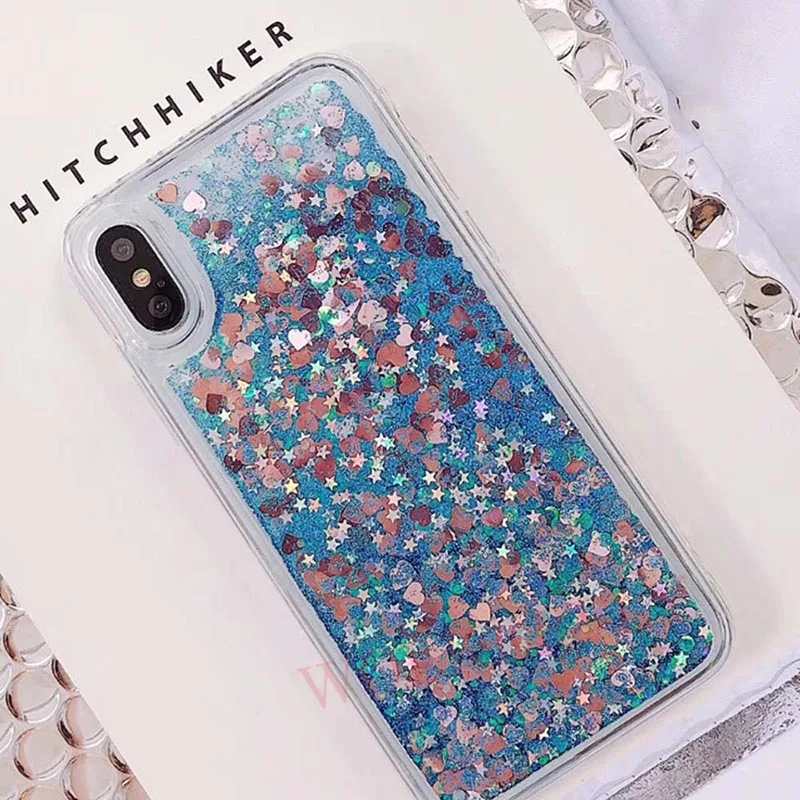 Блестящий чехол с зыбучим песком для Xiao mi Red mi Note 7 5 6 Pro 6A 4X Love Heart Cover для Xiaomi mi 9 8 Lite mi 8 SE A1 A2 Bling Fundas - Цвет: Blue