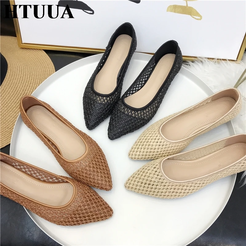 

HTUUA 2019 Spring Summer Cane Weave Flat Shoes Women Flats Shallow Pointed Toe Moccasins Slip On Loafers Shoes Woman SX2634