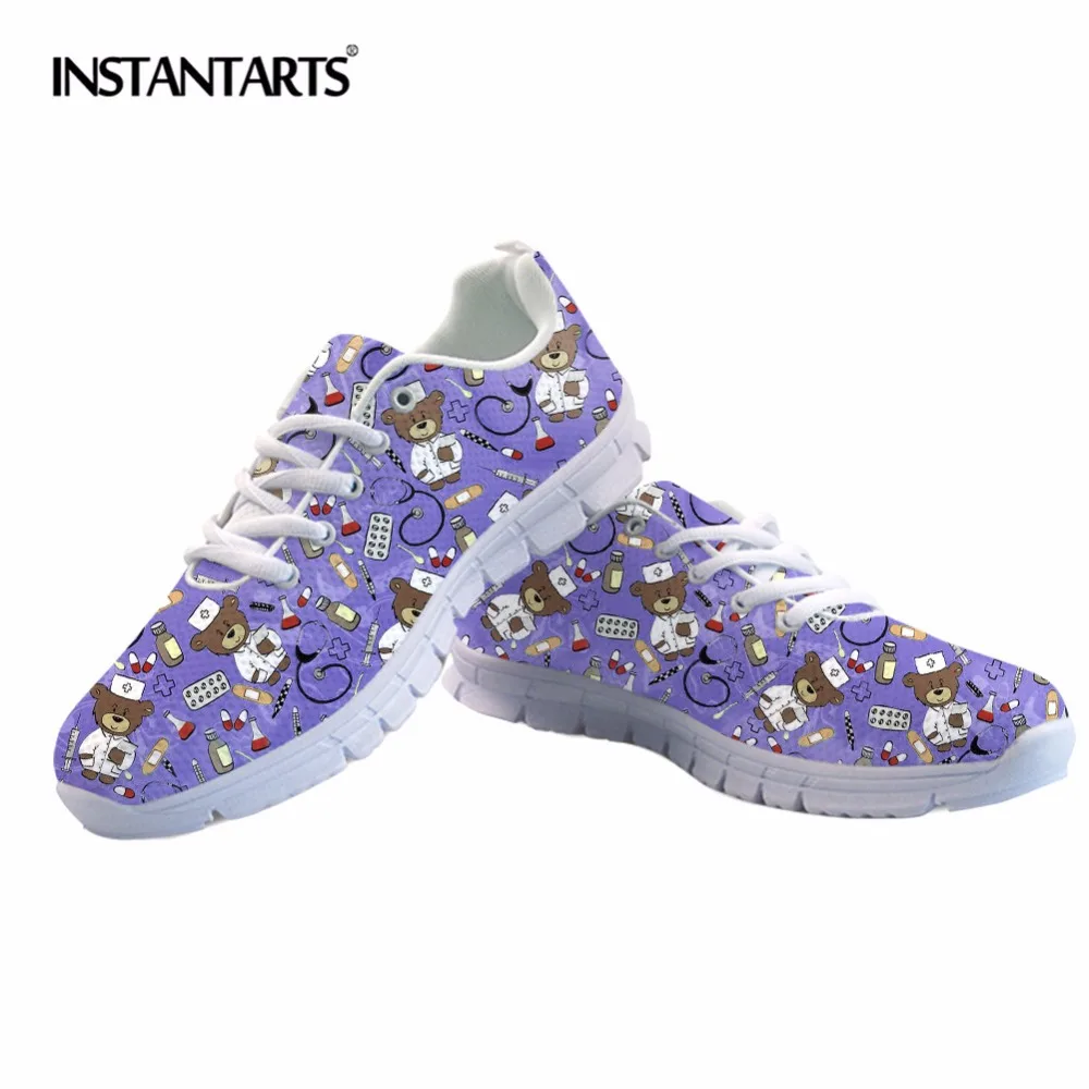 

INSTANTARTS Women Mesh Casual Shoes Nurse Flat Shoes Lace Up 3D Cute Purple Nurse Bear Print Woman's Leisure Sneakers Breathable