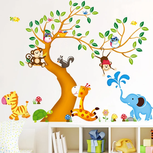 Oversize Jungle Animals Tree Monkey Owl Removable Wall Decal Oversize Jungle Animals Tree Monkey Owl Removable Wall Decal Stickers Muraux Nursery Room Decor