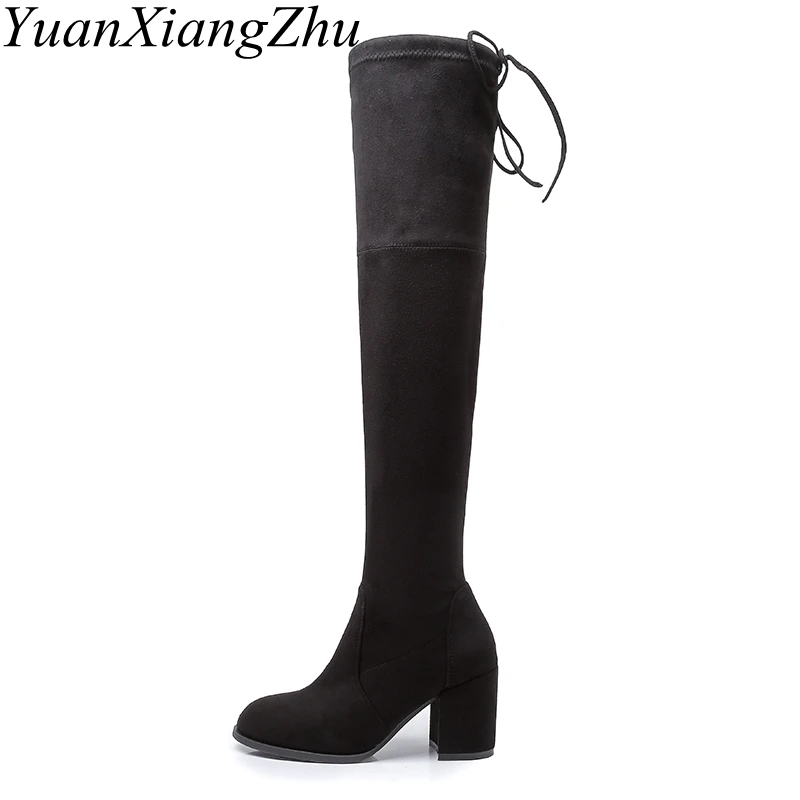 

2018 Winter Flock Leather Women Over The Knee Boots Lace Up Sexy High Heels Women Shoes Black Elastic Boots Warm Big Size 34-43