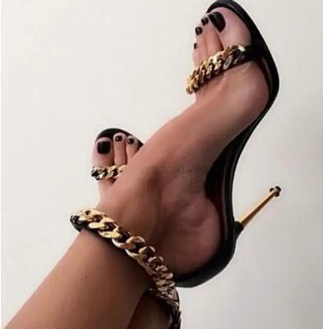 

Fashion Gold Chains High Heel Sandals Designer Ankle Gold Chain Wrap Gladiator Sandals Women Office Dress Shoes Party Pumps