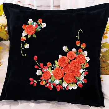 

Roses Flowers Ribbon Embroidery Kit Toolkit Cushion Covers Pillow Cover Fashion Home Gifts Unfinished DIY Handmade Needlework