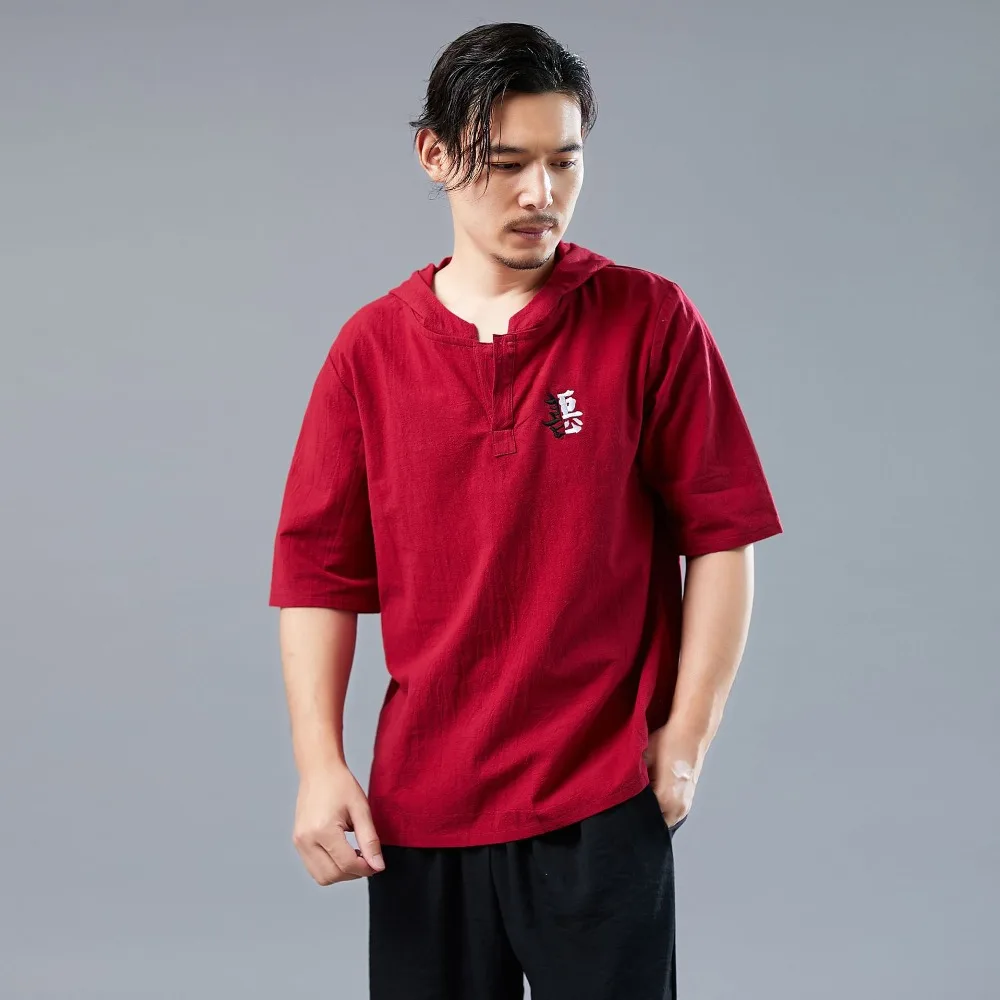 LZJN 2019 Men's Shirt Summer Style Hooded Short Sleeve Blouse Top Men New Casual Embroidery Cotton Linen Shirt Camisas De Hombre (14)