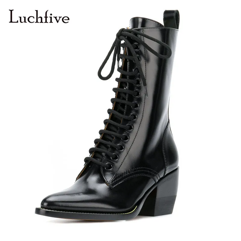 

2018 Newest genuine leather Short Boots high heels runway ankle boots for women pointy toe lace up Motorcycle martin shoes
