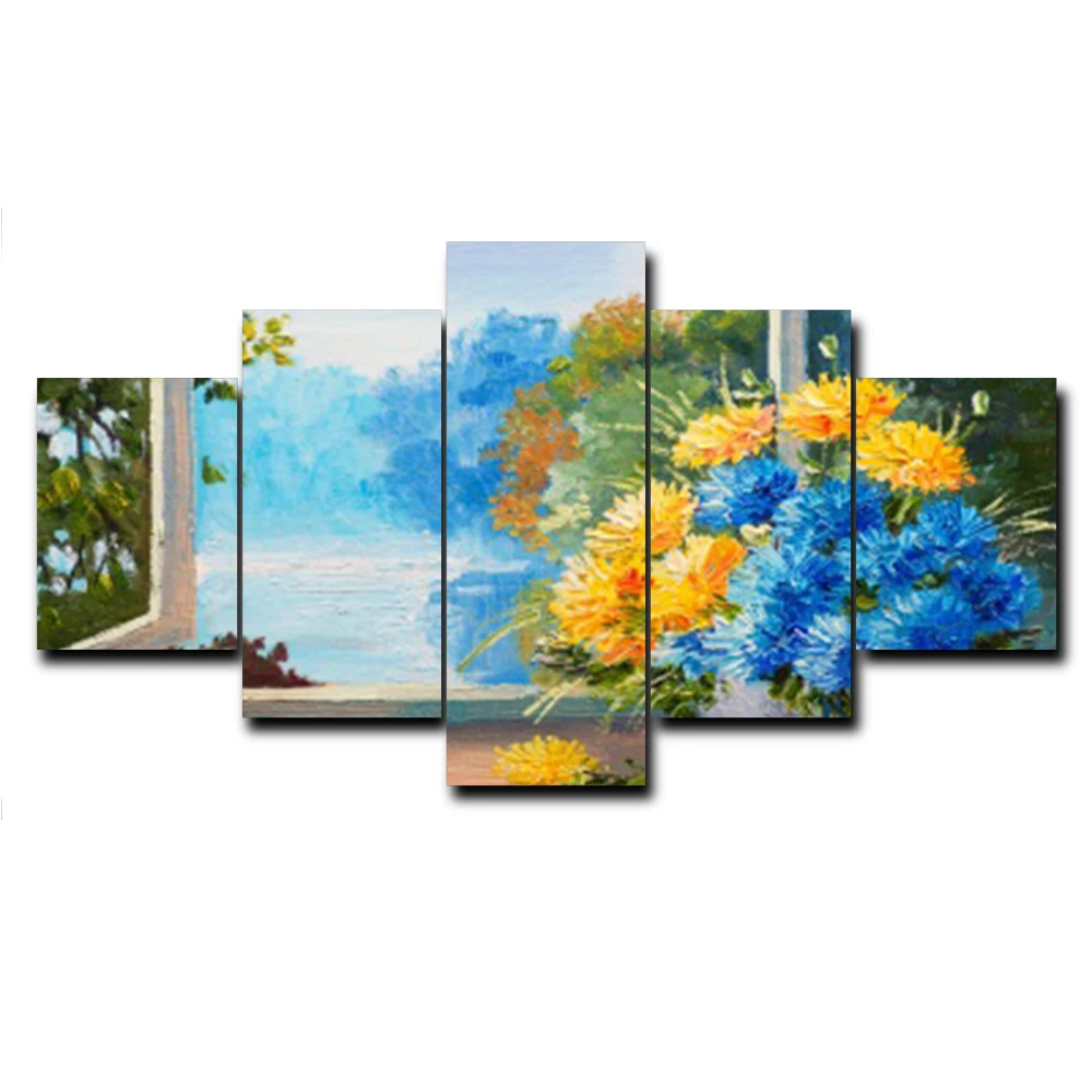 cheap Laeacco Flowers Outside Window Landscape Modern Art Canvas Oil Painting Poster Prints Bed Living Room Wall Decoration Picture