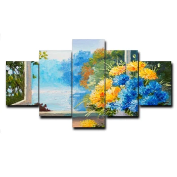 

Laeacco Flowers Outside Window Landscape Modern Art Canvas Oil Painting Poster Prints Bed Living Room Wall Decoration Picture