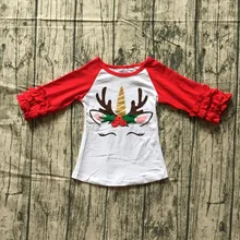 Новое поступление осень/зима Рождество Футболка для маленьких девочек красный олень Единорог Топ обледенения рукава хлопок регланы топ детская одежда