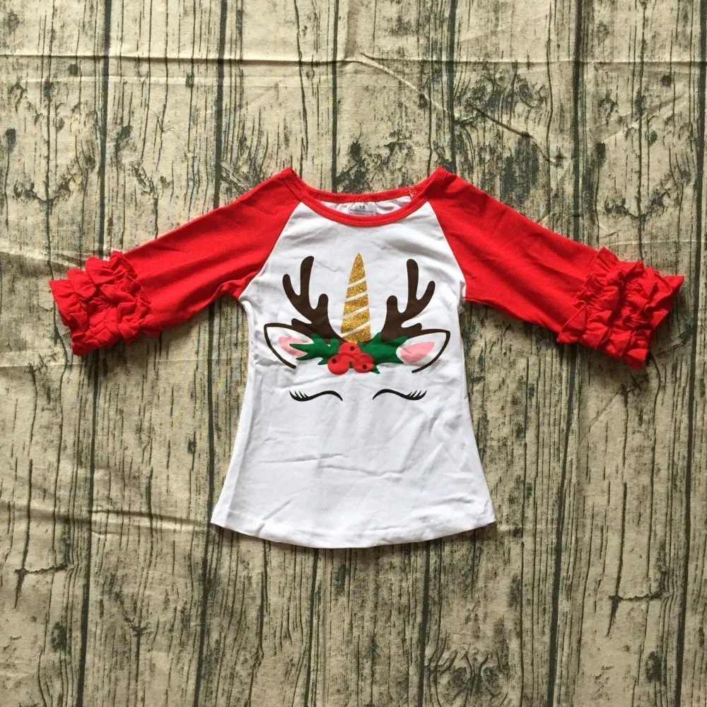 

new arrival fall/winter Christmas baby girls T-shirt red reindeer unicorn top icing sleeves cotton raglans top children clothes