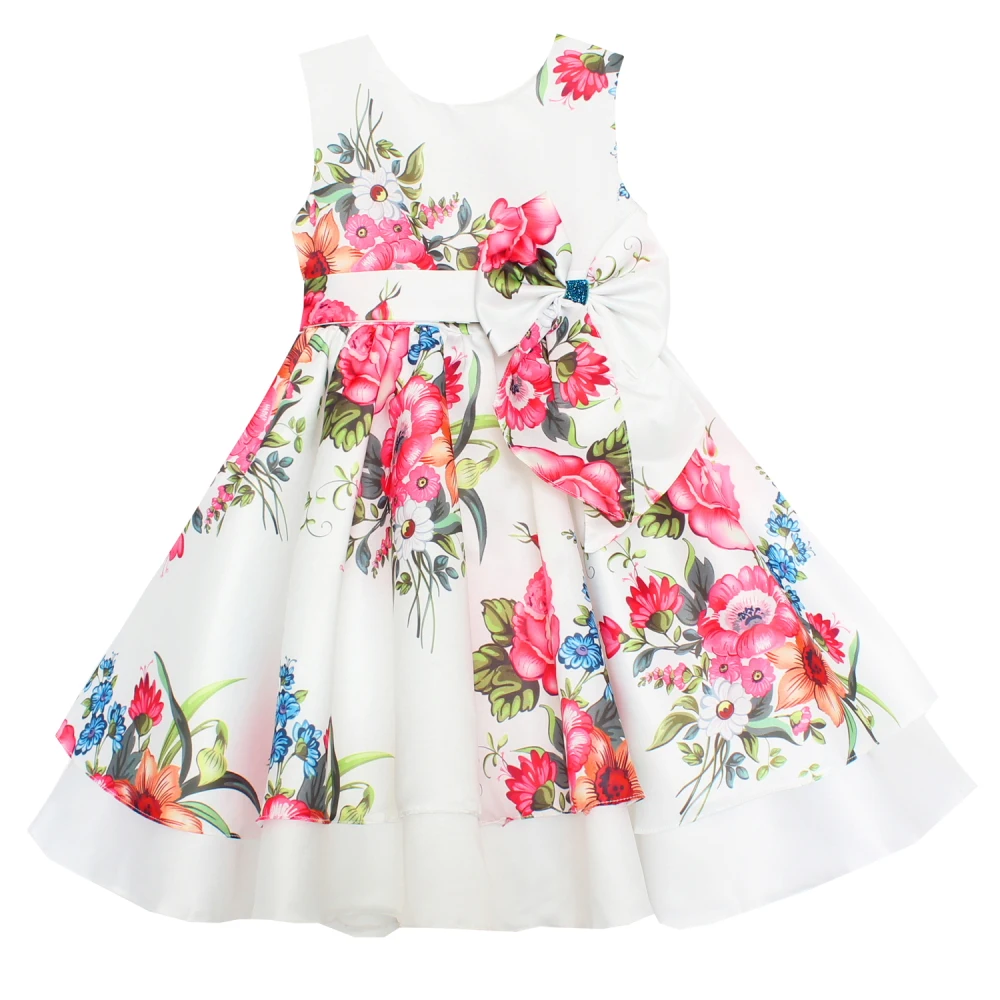 

Shybobbi New Girls Dress Flower Print Bow Satin Kids Formal Dresses Party Pageant Wedding Children Clothing Size 1-6Y
