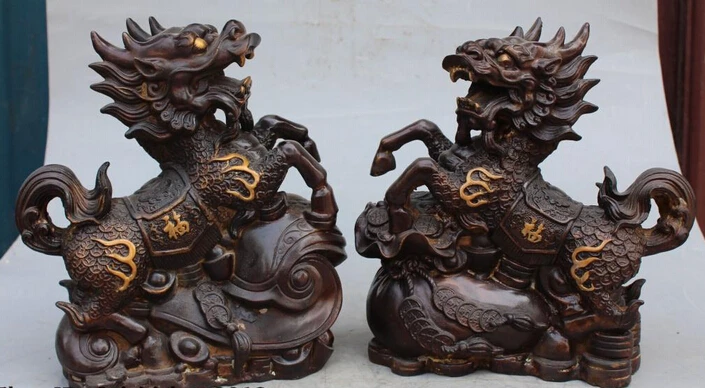 

007985 11" Chinese Bronze Gilt Wealth Money Bag Dragon Beast kylin Unicorn Statue Pair