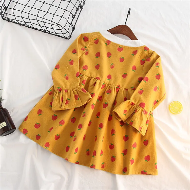 Fanfiluca Girls Dress 2018 Autumn Casual Style Girls Clothes Long Sleeve Strawberry Pattern Cotton Stand Collar Dress015