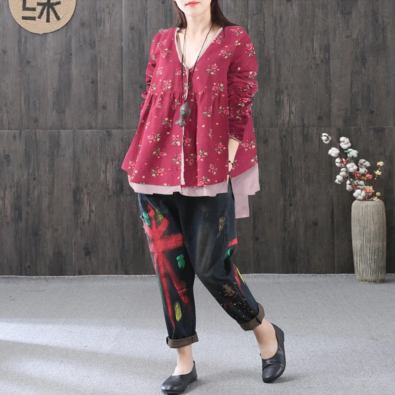

ZANZEA 2019 Summer Blouse Women V Neck Floral Lace Shirts Autumn Long Sleeve Blusa Feminina Fake Two Piece Cardigan Plus Size