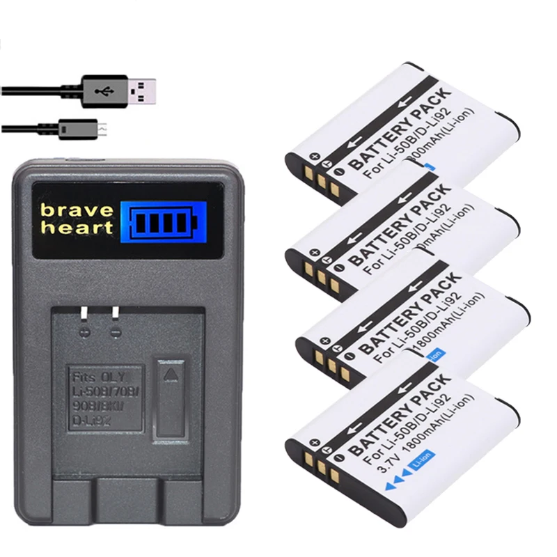 

4x 3.7v 1800mAh Li-50B D-LI92 Li 50B D LI92 Battery + LCD USB Charger For Olympus 1020 1010 1030 Pentax PENTAX Optio I-10 X70