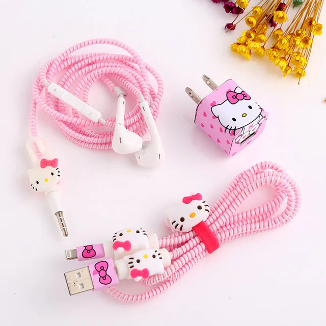 Pink KT Хороший подарок милый мультфильм USB кабель наушники протектор набор с кабелем Стикеры для намотки Спиральный шнур протектор для iphone 5 6 6s 7plus - Цвет: Pink KT