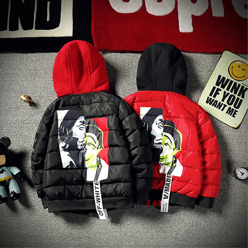 

12 Years Big Boys Winter Jackets 2018 Fashion Kids Cotton Printed Coat Teenager Clothes Children Parka Thicken Hooded Outerwear