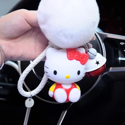 Cute Cartoon Hello Kitty Rabbit Fur Ball PomPom Pom Poms Keychain Women Leather Strap Metal Key Ring Chains Car Bag Charm D35B