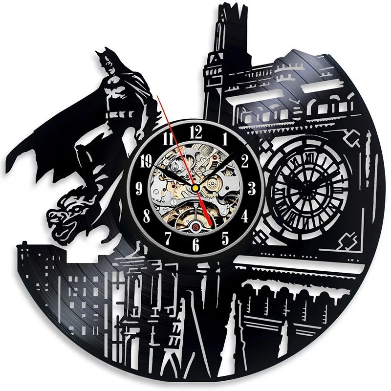 

Batman and London LED Clock CD Record Wall Clock Cartoon Theme Vinyl Record Wall Clock Handmade Black Hollow Home Decor Clock