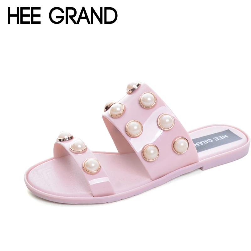 

HEE GRAND Faux Pearl Slippers 2017 Summer Sweet Slides Casual Beach Shoes Woman Outside Slip On Fashion shoe Size 36-41 XWZ4360