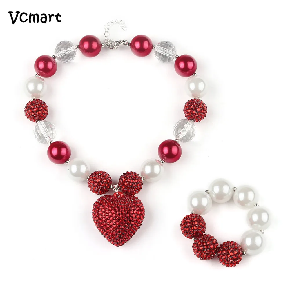 

Vcmart Girls Red Heart Necklace Set Imitate Pearl Chunky Beads Strand Bracelet Kids Fancy Dress Jewelry Set Birthday Party