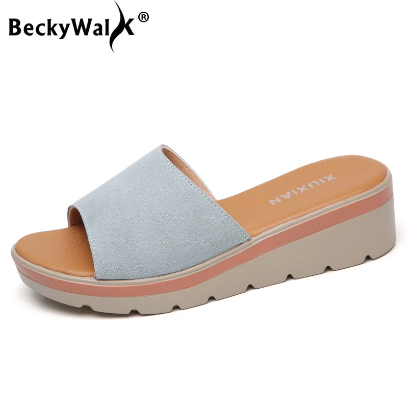 المرأة الصيف زلة على خف جلدي مفتوحة اصبع القدم الصنادل المرأة الوجه يتخبط أسافين صنادل أرضية السيدات أحذية الشاطئ امرأة WSH3228