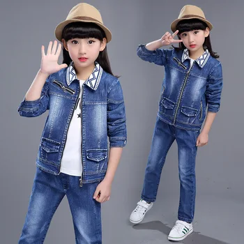 

2020 Spring Fall Fashionable Classic Children's Cowboy Suit Girls Plaid Collocation Collar Zipper Denim Blue Leisure Two-piece